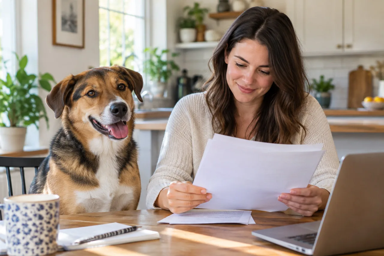 Owner reviewing papers with a dog beside her